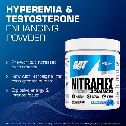 GAT SPORT Nitraflex Advanced Pre-Workout Powder, Increases Blood Flow, Boosts Strength and Energy, Improves Exercise Performance, (Blue Raspberry, 30 Servings) - Maple Wellness Supplements