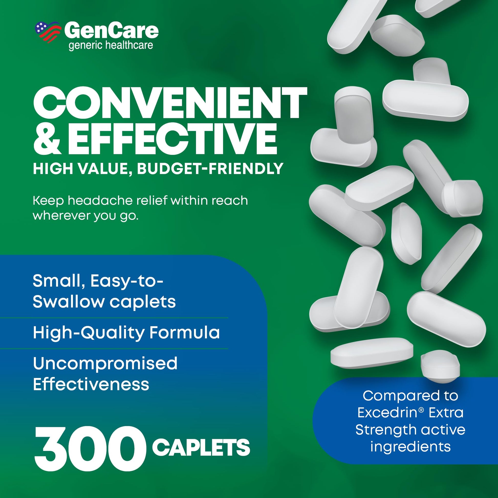 GenCare - Headache Relief Acetaminophen with Aspirin (NSAID) & Caffeine (300 Caplets) Value Pack | Head Pain, Muscle Aches, Back Pain & Body | Generic ExcedrEn Extra Strength - Maple Wellness Supplements