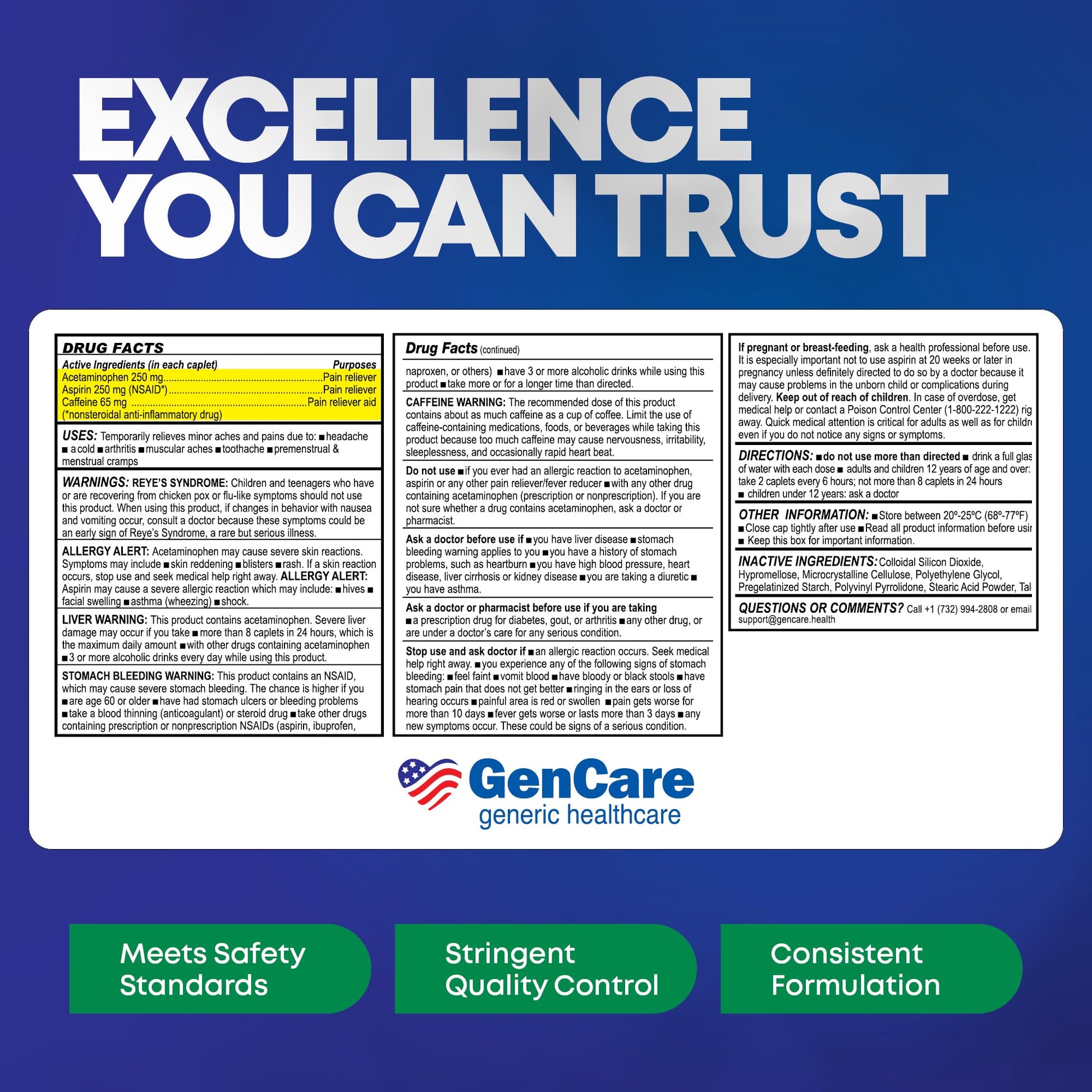 GenCare - Headache Relief Acetaminophen with Aspirin (NSAID) & Caffeine (300 Caplets) Value Pack | Head Pain, Muscle Aches, Back Pain & Body | Generic ExcedrEn Extra Strength - Maple Wellness Supplements