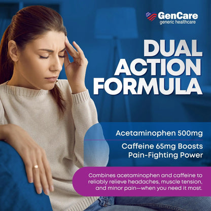 GenCare - Tension Headache Relief Pain Reliever with Acetaminophen 500 mg & Caffeine 65 mg (200 Caplets) Best Value Bulk Extra Strength for Head, Migraine, Joint Pain & Body Ache Relief Medicine - Maple Wellness Supplements