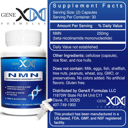 Genex Formulas NMN 250mg - Stabilized Form (60 Capsules), 99% Pure Supplement Capsules for Increased NAD Levels, DNA Repair - Maple Wellness Supplements