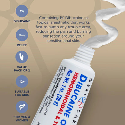 GeriCare Dibucaine Hemorroid Ointment 1% Pain-Relief Hemorrhoid Cream |Hemorroidal & Topical Analgesic| Quick Relief from Burning & Itching | Fast-Acting External Hemorrhoid Treatment 1oz (2 Pack) - Maple Wellness Supplements