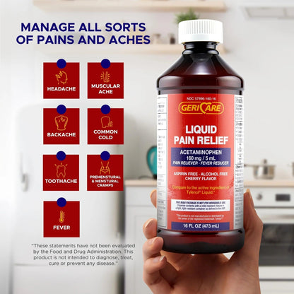 GeriCare Regular Strength Liquid Acetaminophen 160 mg, Pain Reliever, Fever Reducer, Aspirin & Alcohol Free, Cherry Flavored 16 Fl Oz (Pack of 2) - Maple Wellness Supplements