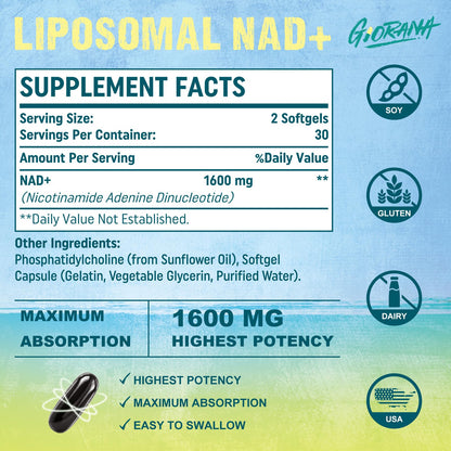 GIORANA 1600 MG Liposomal NAD+ Supplement, NAD+ Boosting Supplement, Superior Absorption, Vitamin B3 for Aging Defense, Longevity, Energy, Repair, Non-GMO, 60 Softgels - Maple Wellness Supplements