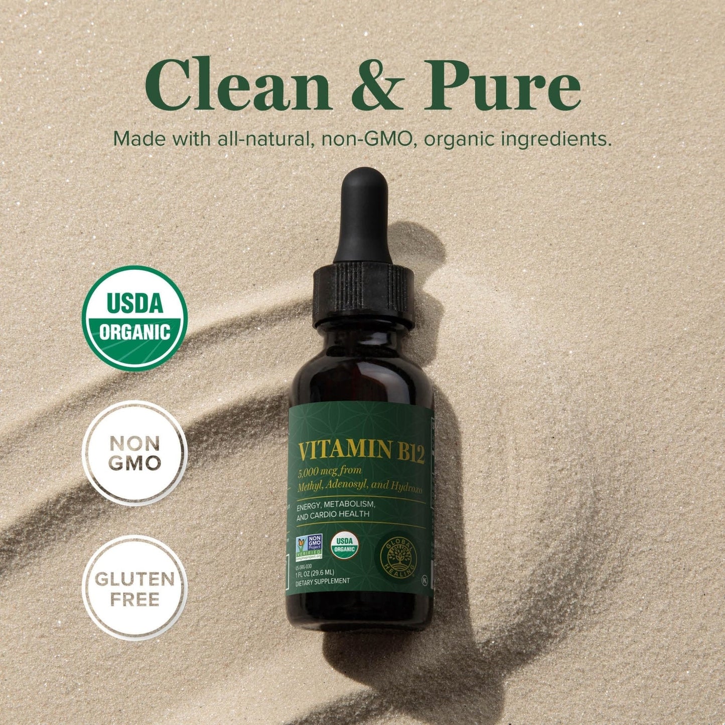 Global Healing Center - Vitamin B12 Sublingual 5000 MCG Organic Liquid Supplement, Methylcobalamin, Adenosylcobalamin, Hydroxo Long-Lasting Energy - Maple Wellness Supplements