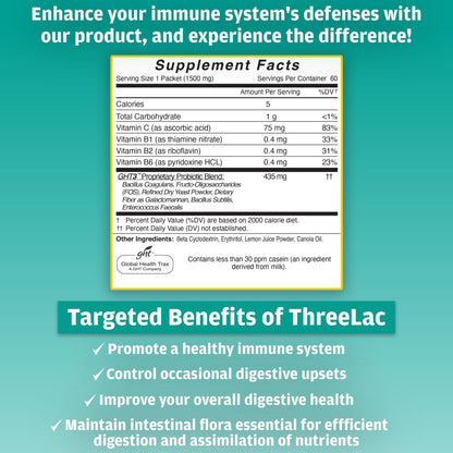 Global Health Trax GHT - ThreeLac Lemon Probiotic Drink Mix for Digestive Health - Advanced Probiotic Powder Formula for Men, Women & Kids - Immune Support & Gut Balance, Non-GMO - 60 Packets - Maple Wellness Supplements
