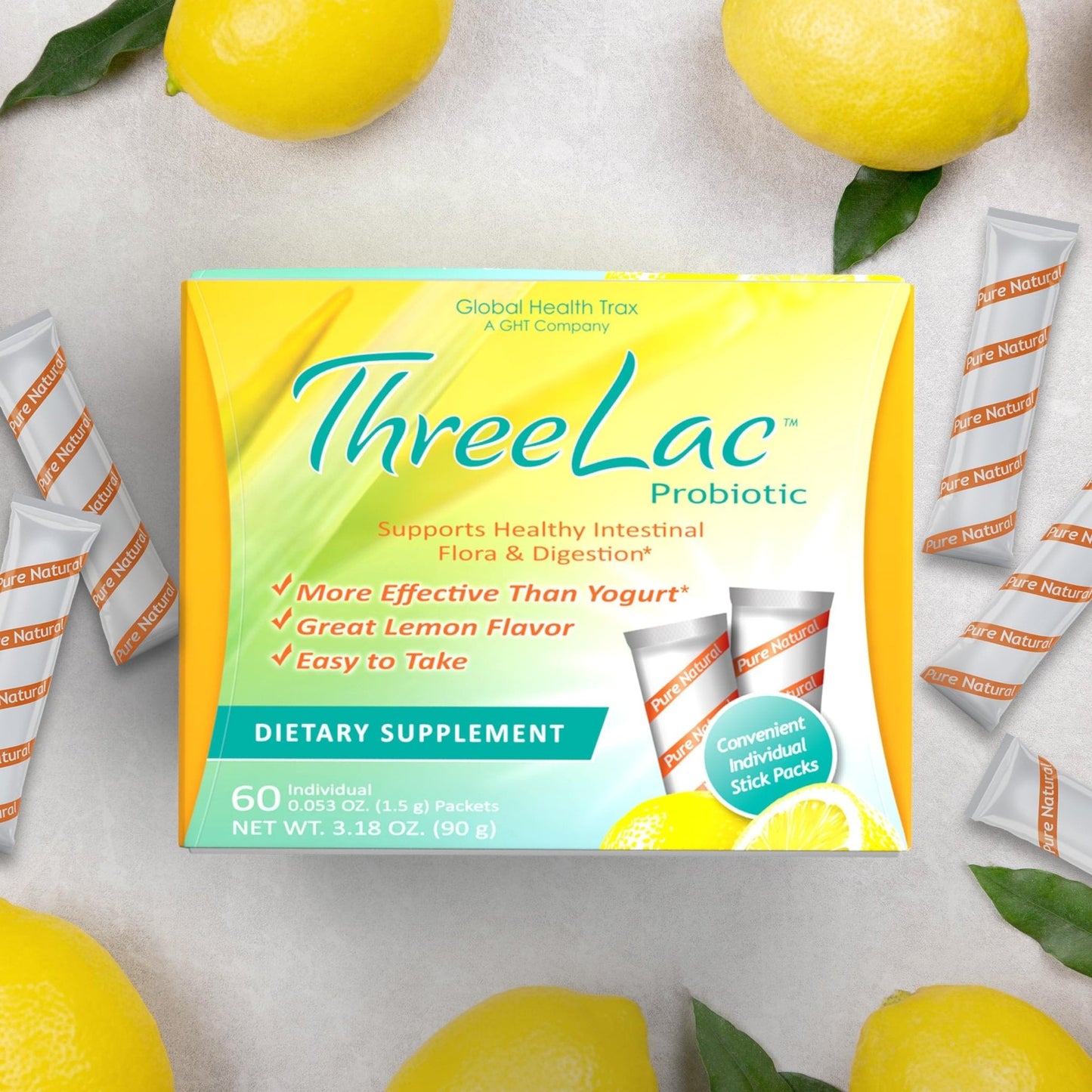 Global Health Trax ThreeLac Lemon Probiotic Drink Mix for Digestive Health - Advanced Probiotic Powder Formula for Men, Women, and Kids - Immune Support & Gut Balance, Non-GMO - 120 Packets - Maple Wellness Supplements