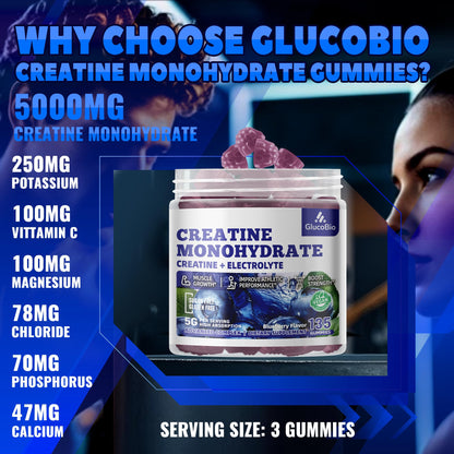 GlucoBio Creatine Monohydrate Gummies (5g) – Pre-Workout Energy & Muscle Growth Support for Men & Women - Maple Wellness Supplements