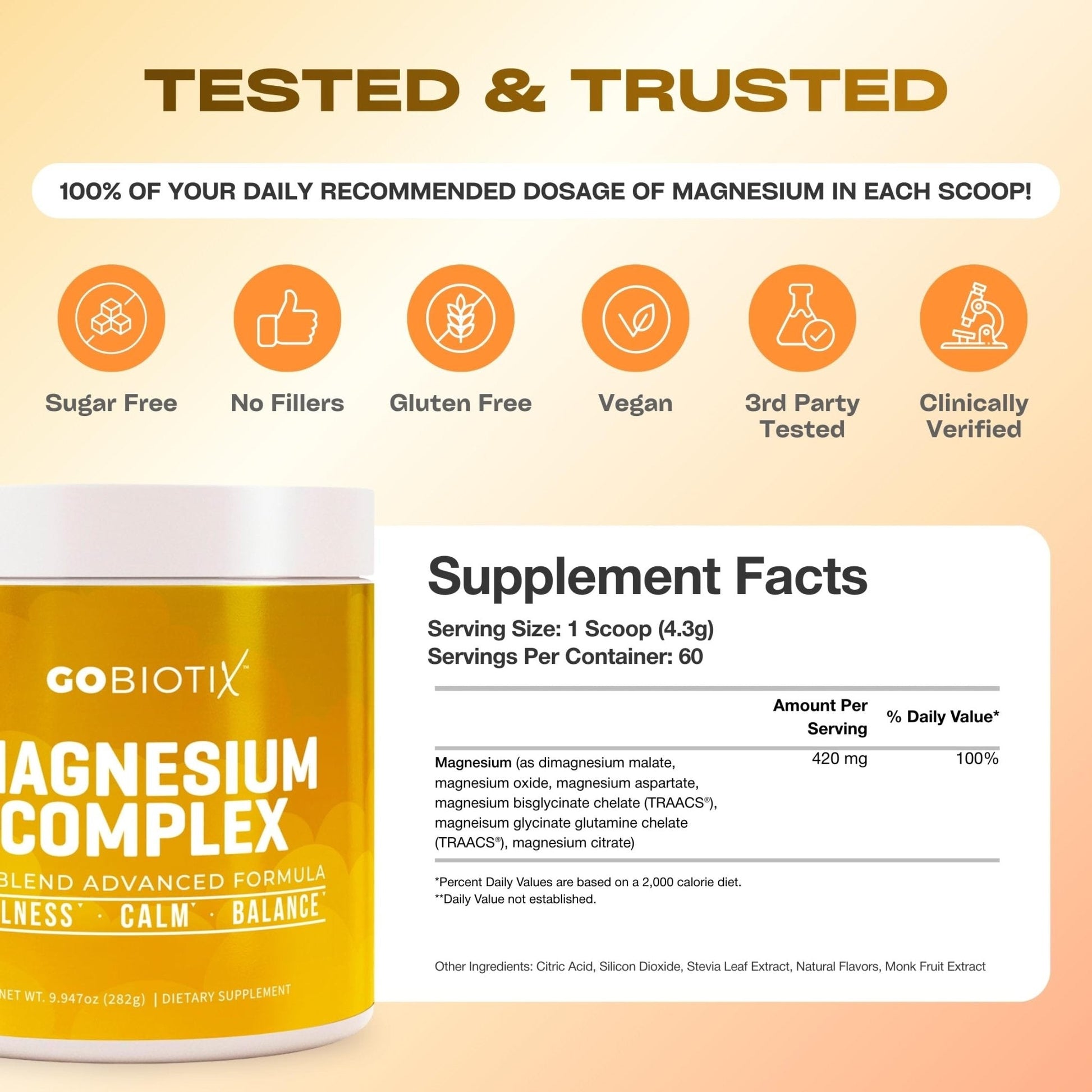 GoBiotix Magnesium Glycinate Powder – Cortisol Supplements for Women and Men – High Absorption Magnesium Complex Calm Supplement with Citrate, Malate – Sugar Free – 420 mg, 60 Servings - Honey Citrus - Maple Wellness Supplements