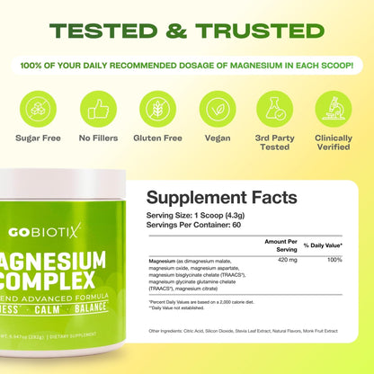 GoBiotix Magnesium Glycinate Powder – Cortisol Supplements for Women and Men – High Absorption Magnesium Complex Calm Supplement with Citrate, Malate – Sugar Free – 420 mg, 60 Servings - Lemon Lime - Maple Wellness Supplements