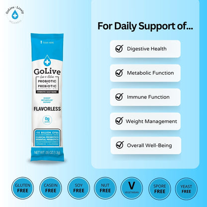 GoLive Prebiotic & Probiotic for Women, Men, Kids. Flavor-Free, Sugar-Free, Synbiotic Powder w/ GOS, L-Glutamine, Vitamin D3, Electrolytes. For Gut Health, Digestion, Metabolism, Immunity 15-50B CFUs. - Maple Wellness Supplements