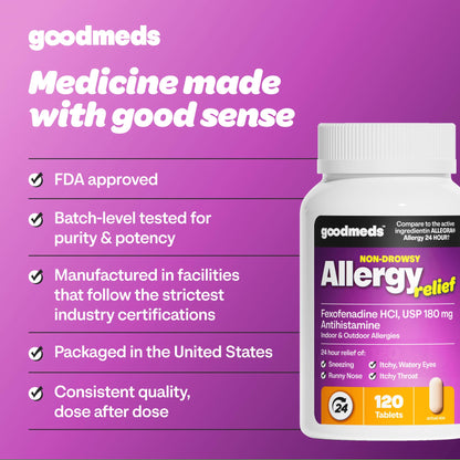 GoodMeds Compare to Allegra | Fexofenadine HCl 180mg | 24-Hour Allergy Relief, Non-Drowsy Antihistamine Generic Medicine for Allergies, Hay Fever, Itchy Eyes | for Kids & Adults (120 Count) - Maple Wellness Supplements