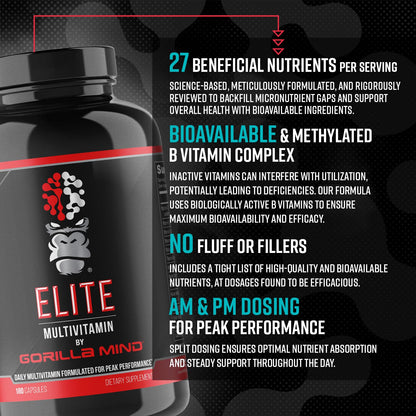 Gorilla Mind Elite Multi-Vitamin (180 Capsules) – Daily Multivitamin Formulated for Peak Performance | 27 Nutrients to Backfill Micronutrient Shortcomings - Maple Wellness Supplements