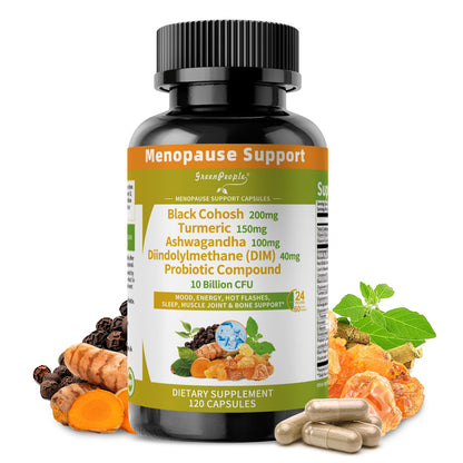 GREENPEOPLE Menopause Supplements for Women - Black Cohosh & Ashwagandha for Hot Flashes, Night Sweats, Mood Swings, Hormonal Balance Support,10 Billion CFU Probiotic - 120 Capsules Vegan Gluten-Free - Maple Wellness Supplements