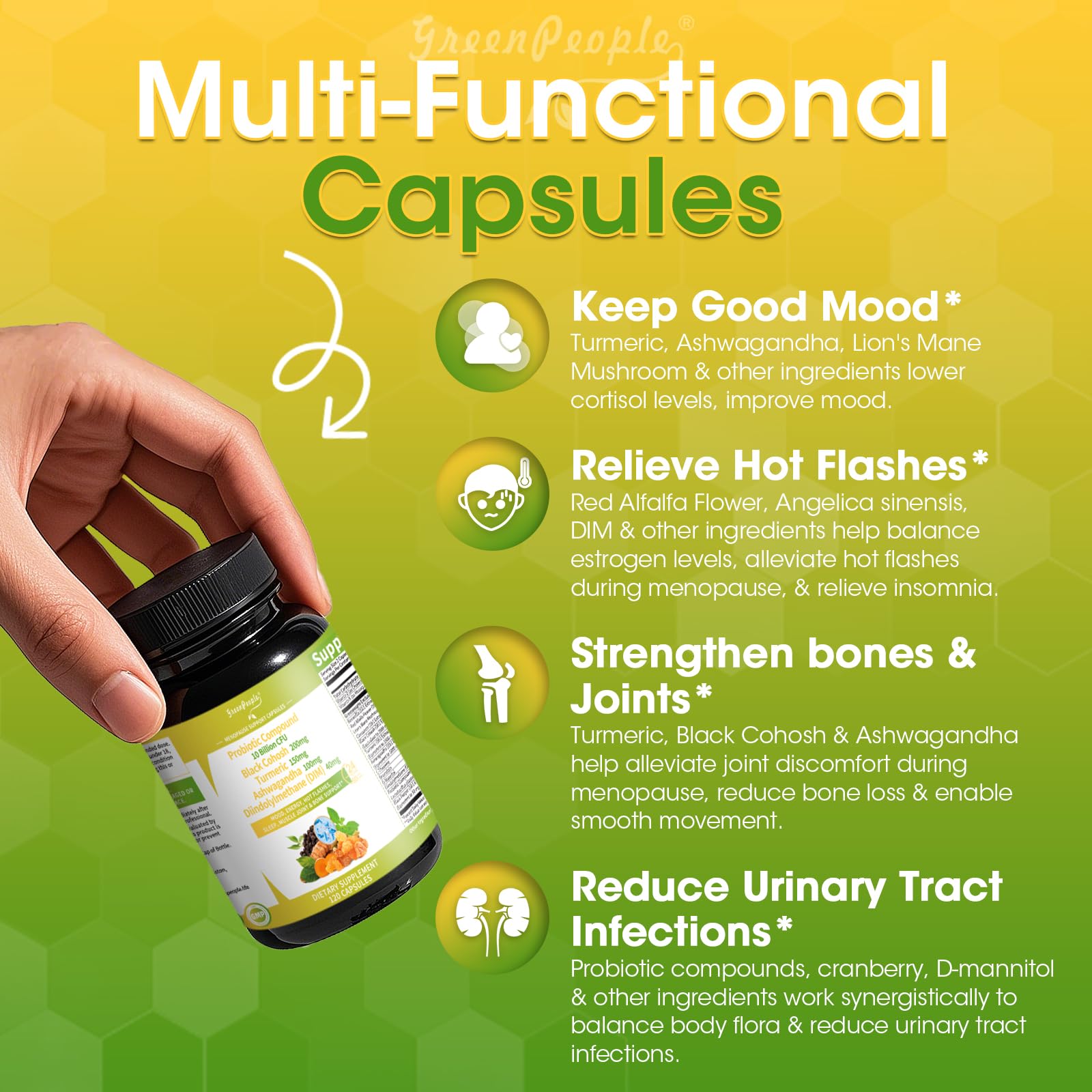 GREENPEOPLE Menopause Supplements for Women - Black Cohosh & Ashwagandha for Hot Flashes, Night Sweats, Mood Swings, Hormonal Balance Support,10 Billion CFU Probiotic - 120 Capsules Vegan Gluten-Free - Maple Wellness Supplements