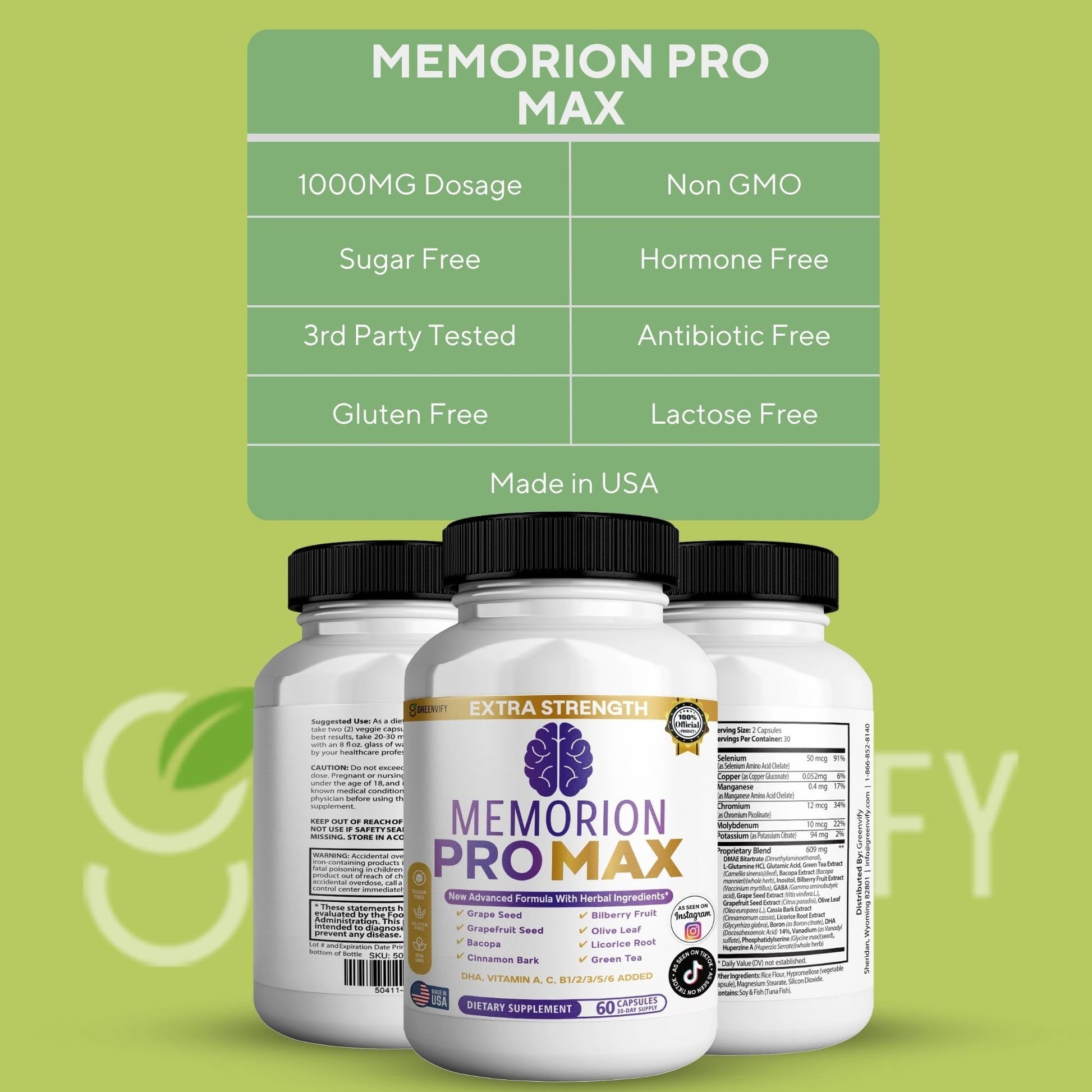 GREENVIFY Memorion Pro Max Extra Strength Brain Support Supplement, 60 Capsules, with DHA, Vitamins, Herbal Blend, 30-Day Supply (1) - Maple Wellness Supplements