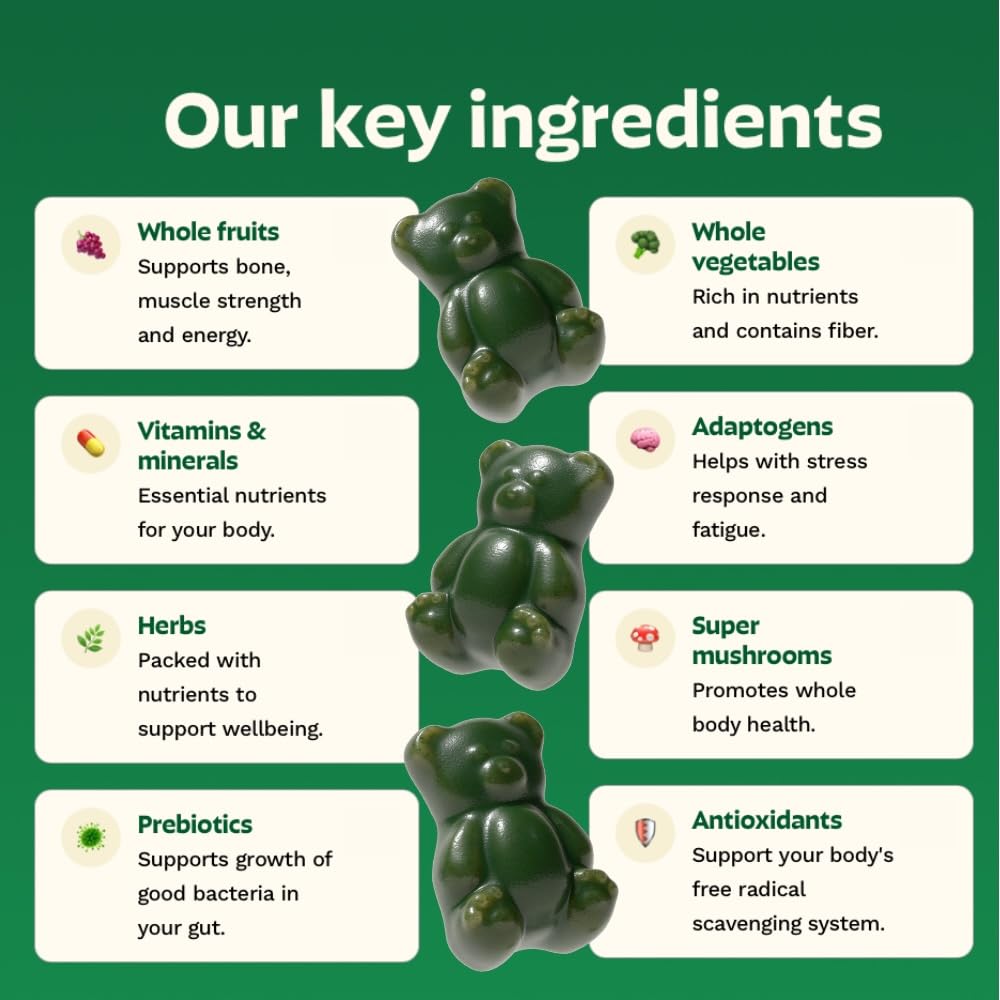 Gruns Adults Super Greens Gummies, Multivitamin Superfood Gummy Bears, Spirulina, Chlorella, Prebiotics & Fiber Gummies for Digestive Health - Maple Wellness Supplements