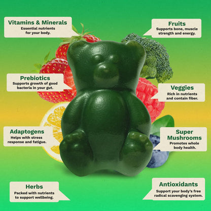 Gruns Adults Super Greens Gummies, Multivitamin Superfood Gummy Bears, Spirulina, Chlorella, Prebiotics & Fiber Gummies for Digestive Health - Maple Wellness Supplements