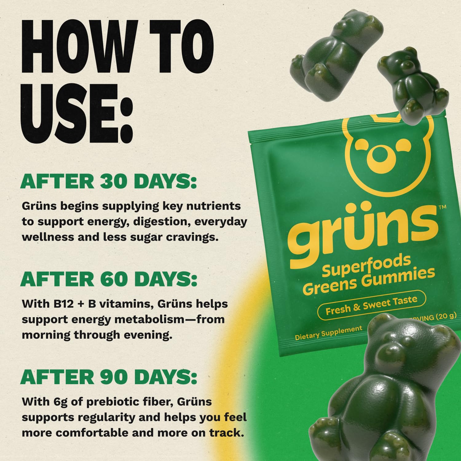 Gruns Adults Super Greens Gummies, Multivitamin Superfood Gummy Bears, Spirulina, Chlorella, Prebiotics & Fiber Gummies for Digestive Health, Adaptogens Supplement, 20 Vitamins & Minerals, 10 Count - Maple Wellness Supplements