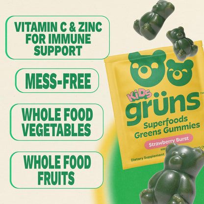 Gruns Multivitamin for Kids, Super Greens Gummies, Superfood Gummy Bears with 20+ Vitamins & Minerals, Spirulina, Chlorella, Alfalfa, Prebiotics Fiber for Digestive Health - Maple Wellness Supplements