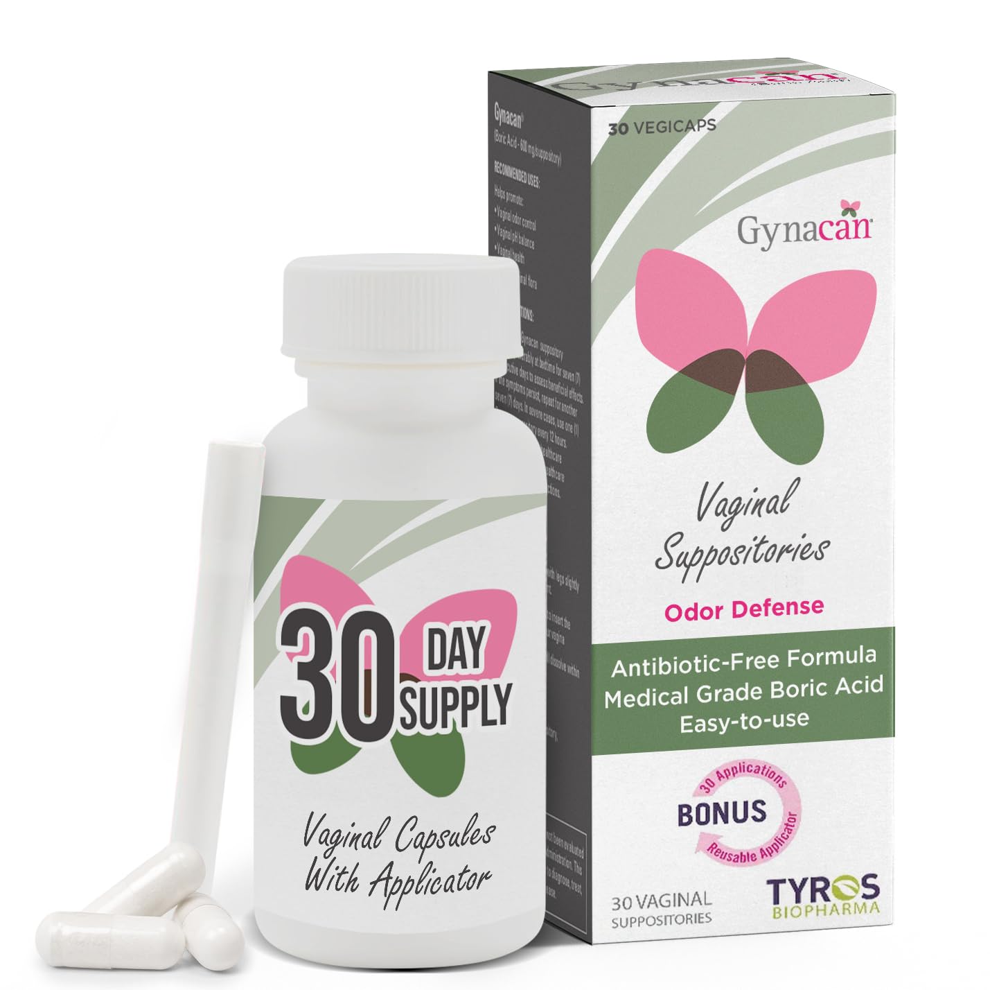Gynacan Boric Acid Suppositories for Women - pH Balance Vaginal Treatment for Women Odor Prevention, Pure Formula, No-Mess Applicator, Gentle & Effective - Maple Wellness Supplements