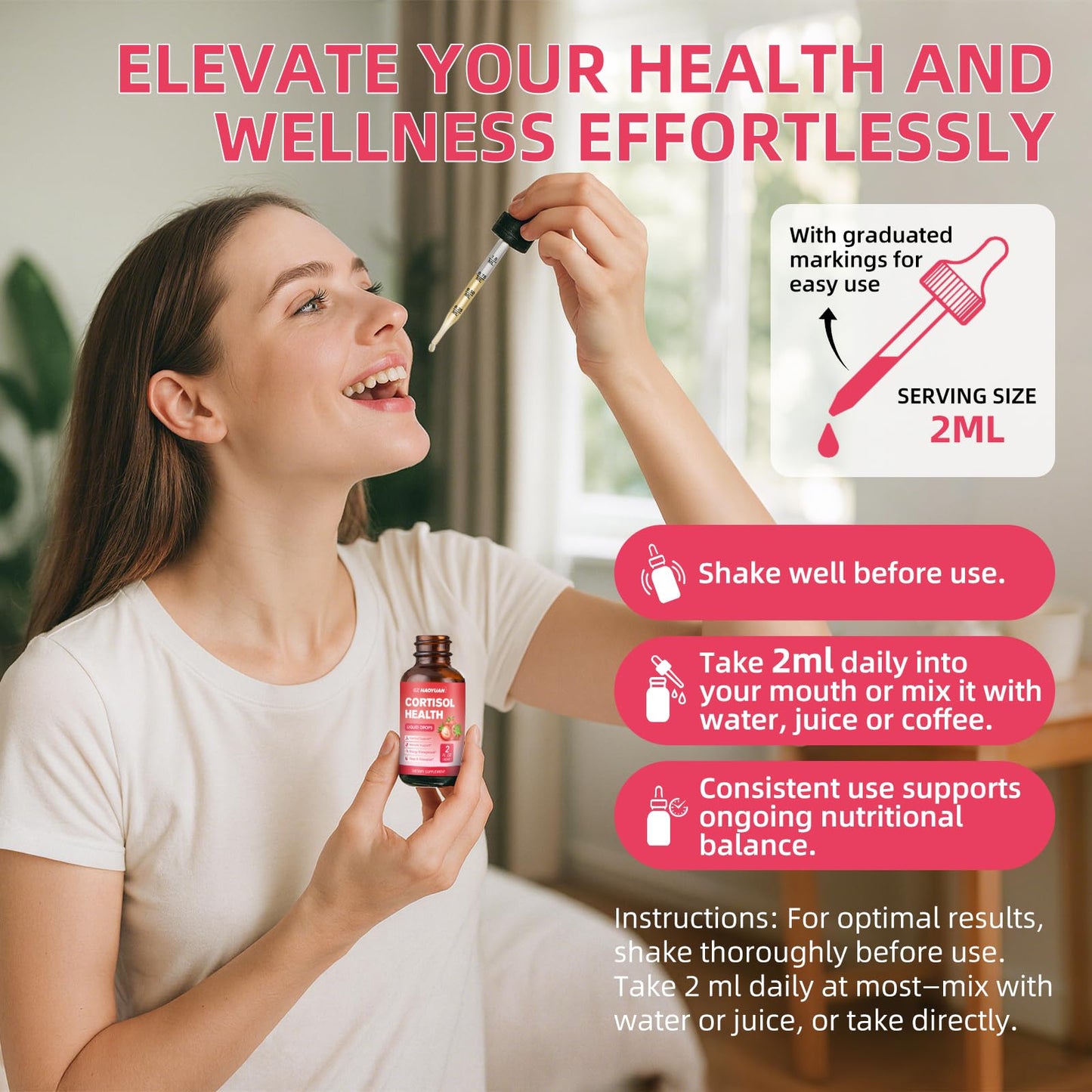 GZ HAOYUAN Cortisol Supplement Liquid Drops for Women and Men with Magnesium, Ashwagandha, L-theanine, Phosphatidylserine for Lower Cortisol, Calm, Mood, Sleep Support - 2 FL.OZ, Strawberry - Maple Wellness Supplements