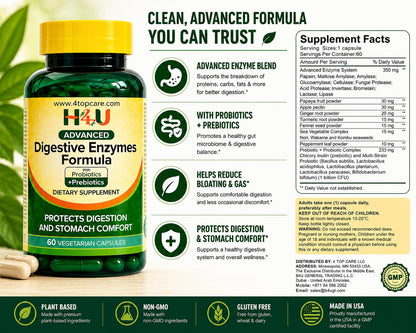 H4U Advanced Digestive Enzymes with Probiotics & Prebiotics – Multi Enzyme Supplement for Gut Health, Digestion Support, Bloating Relief & Stomach Comfort, - Maple Wellness Supplements