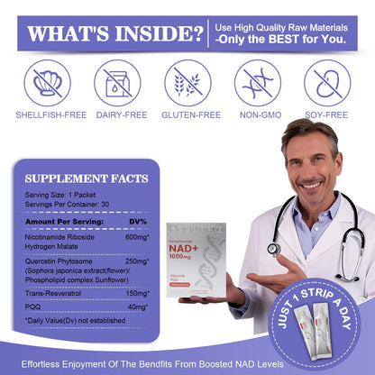 Haditheran NAD Supplement 1000mg Synergistic Blend with Nicotinamide Riboside, PQQ & Resveratrol - Premium Anti-Aging Supplement for Cellular Energy, Mental Clarity and Longevity (30 Packets) - Maple Wellness Supplements
