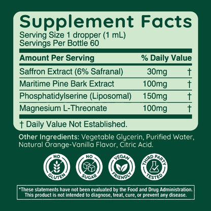 Halla Steady Mood Drops Saffron Extract, Maritime Pine Bark Extract, Phosphatidylserine, Magnesium L-Threonate, Sleep Supplements, Improves Focus & Attention, Mood Support Supplement, 60ml - Maple Wellness Supplements