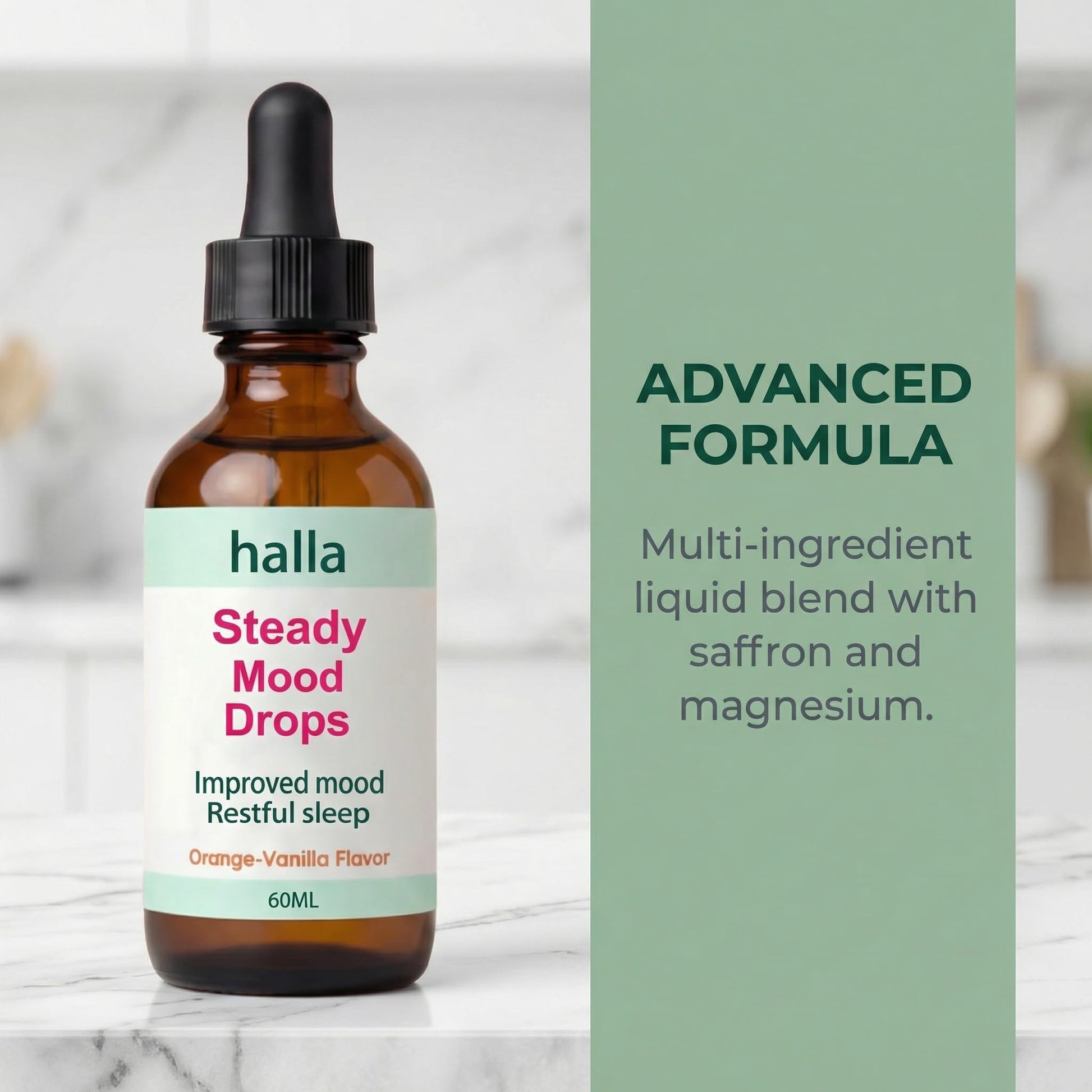 Halla Steady Mood Drops, with Saffron Extract – Fast Absorption Cognitive & Emotional Balance Supplement – Advanced Brain Nutrient Blend – Orange Vanilla Flavor, 2 fl oz - Maple Wellness Supplements