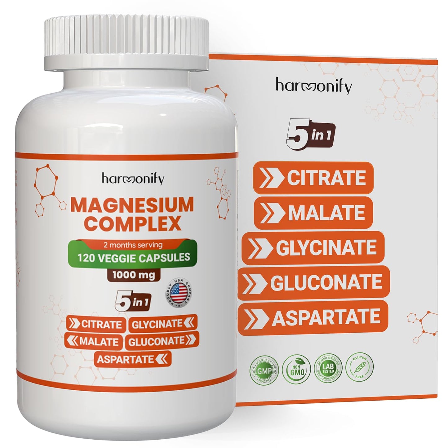 HARMONIFY Magnesium Glycinate Citrate Malate Aspartate Gluconate, 5 in 1 Formula, 120 Purified Veggie Capsule, 1000 mg, Gluten Free, Non-GMO, 60 Days Serving - Maple Wellness Supplements