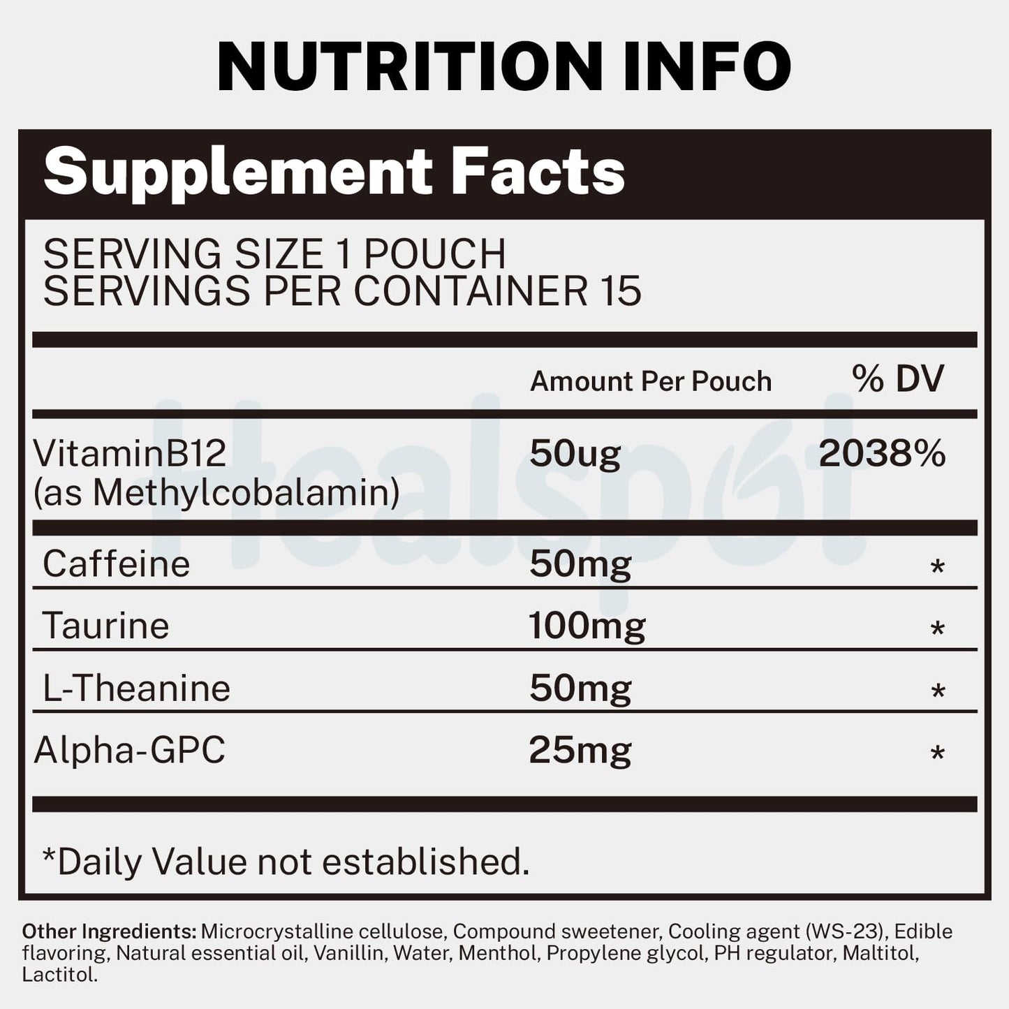 Healspot Nootropic Caffeine Pouches, Energy Pouches with 50mg Caffeine | Taurine | Vitamin B12 | Alpha-GPC | L-Theanine, Focus and Energy Supplements Variety Packs 5 Flavors - Maple Wellness Supplements