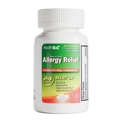 HealthA2Z® Allergy Relief, Cetirizine 10mg, Dye-Free Formula, 24-Hour Antihistamine, Indoor & Outdoor Allergy Relief, 500 Tablets - Maple Wellness Supplements
