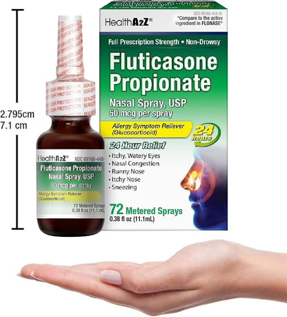 HealthA2Z® Allergy Relief, Fluticasone Propionate 50mcg, Nasal Spray, 24-Hour Allergy Relief, Nasal Decongestant, Dye Free, 72 Sprays (0.38 fl oz) - Maple Wellness Supplements