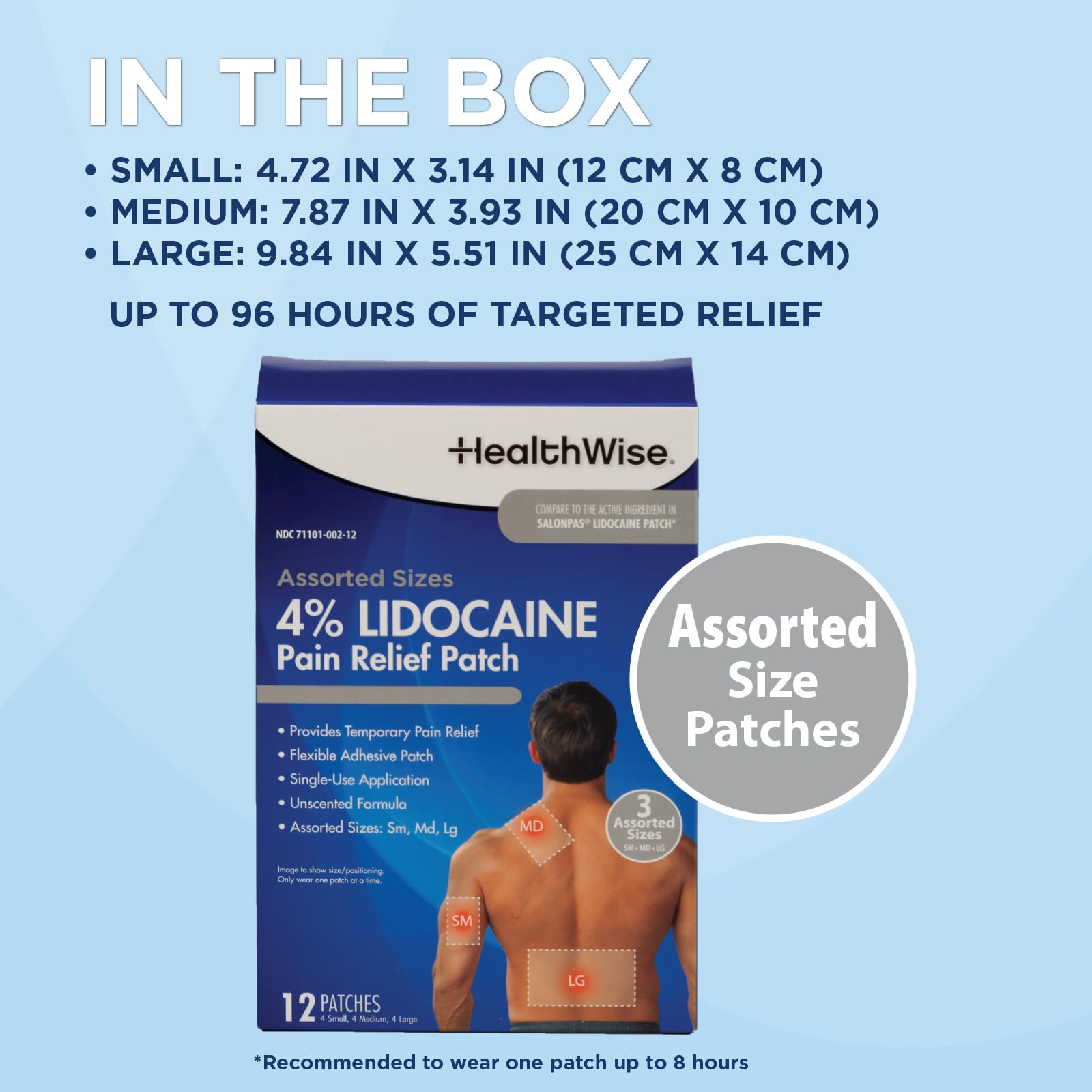 HealthWise Lidocaine Pain Patch | 4% OTC Lidocaine | 12-Count Assorted Sizes | Paraben-Free Formula | Temporarily Soothes Minor Aches and Pains | Unscented | Flexible Application - Maple Wellness Supplements