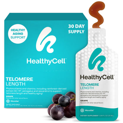 HealthyCell Telomere Length Supplement - Anti-Aging Telomere Lengthening Supplements with Phytonutrients & Vitamins for Cellular Health - AC-11, Astragalus & Resveratrol - 30 Gel Packs, Grape Flavored - Maple Wellness Supplements