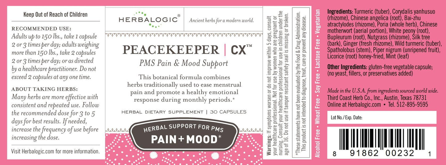 Herbalogic - Peacekeeper CX Herb Capsules - Reduces PMS Related Mood Swings - Reduces Cramps & Pain Associated with Monthly Periods - Contains Turmeric & Corydalis - 30 Cap Count - Maple Wellness Supplements