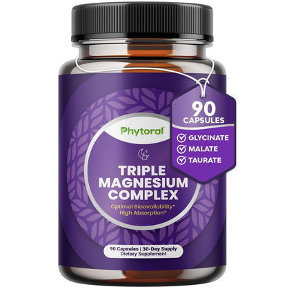 Highly Potent Magnesium Complex Capsules - Triple Magnesium Blend with Taurate Glycinate and Malate - 400mg Supplement Supports Relaxation & Overall Wellness Non-GMO Vegan - 90 Count - Maple Wellness Supplements