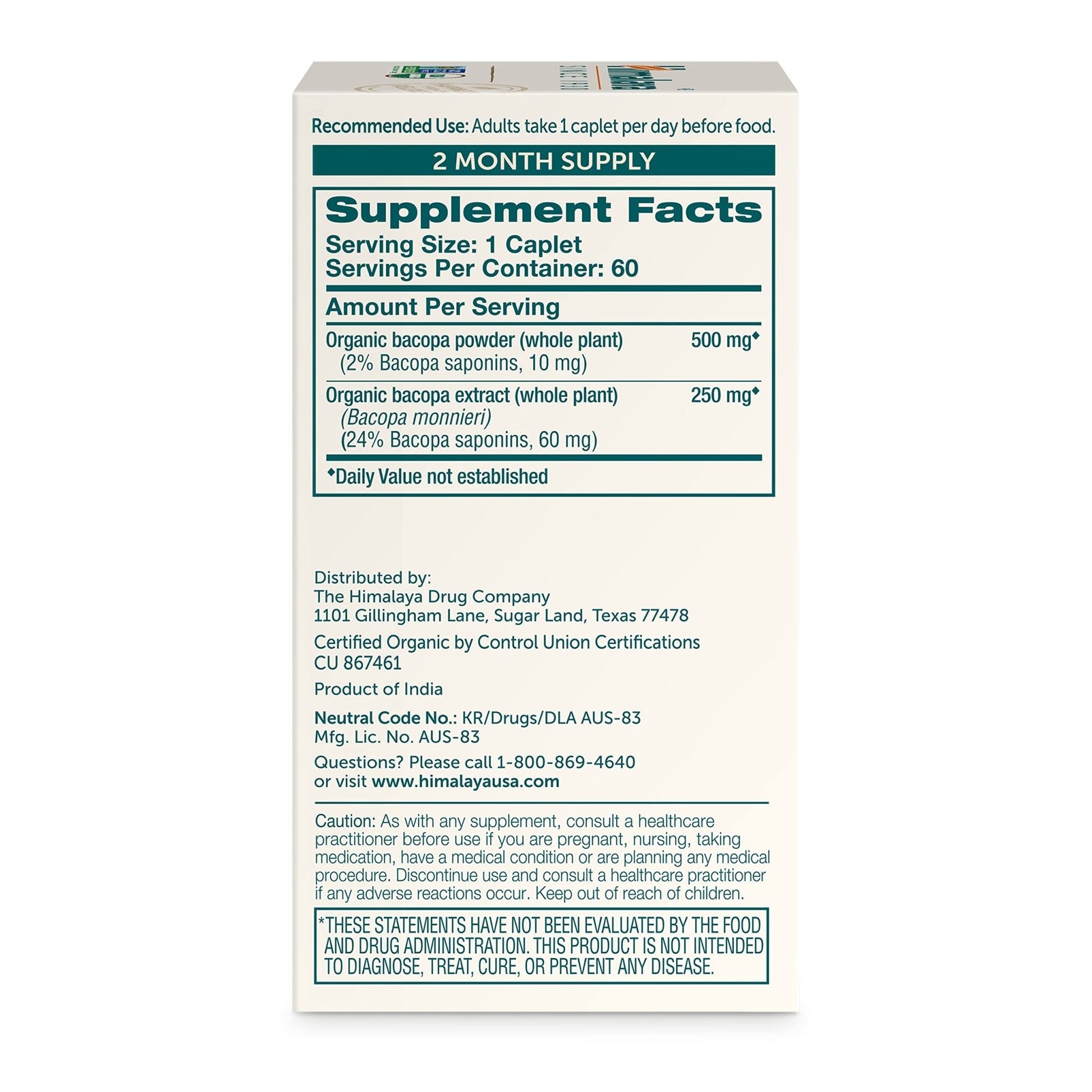 Himalaya Bacopa Monnieri Nootropic Herbal Supplement, Supports Calm, Memory, Cognition, USDA Certified Organic, Non-GMO, 750 mg, 60 Plant-Based Caplets, 60 Day Supply - Maple Wellness Supplements
