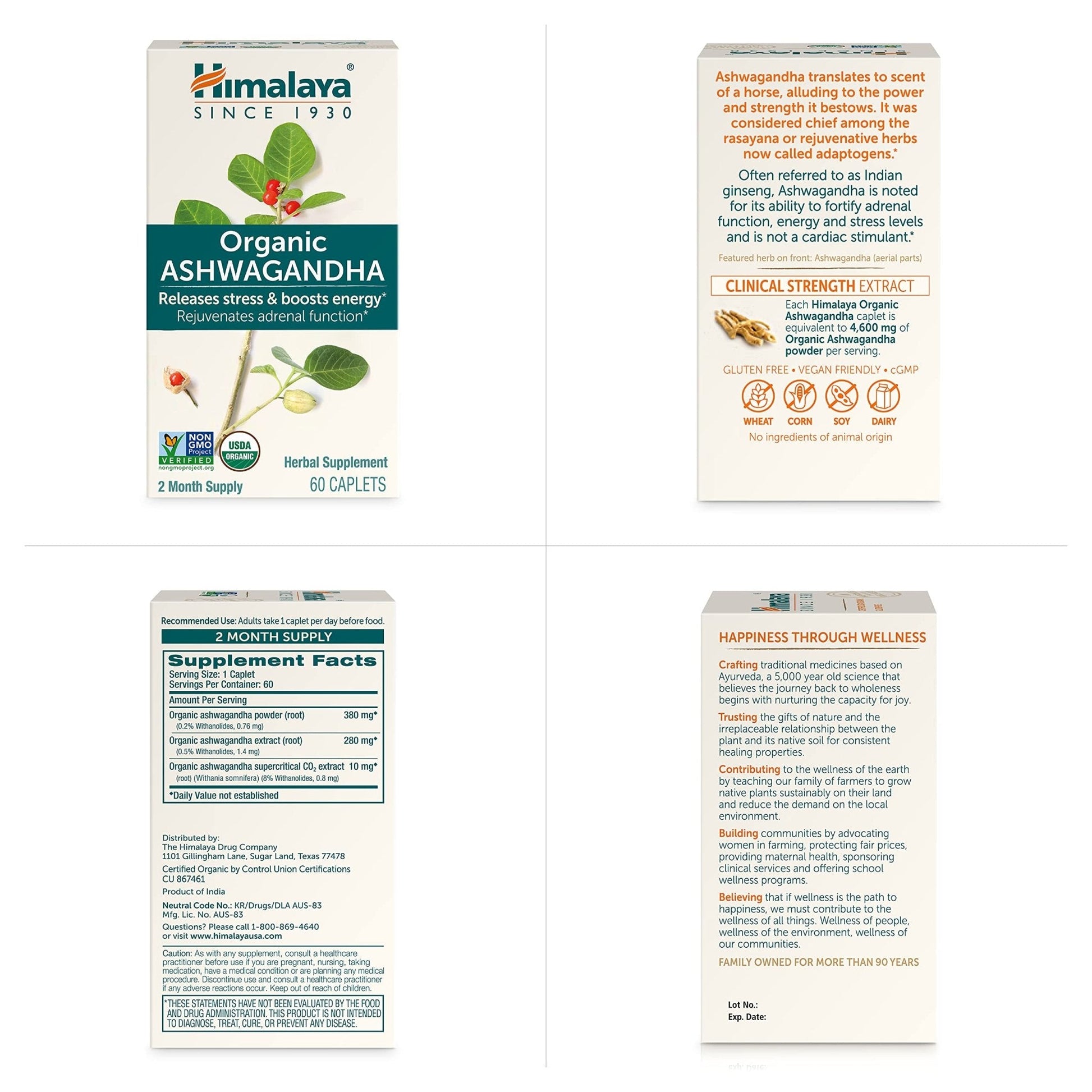 Himalaya Organic Ashwagandha Root, 120 Day Supply - Herbal Adrenal Support Supplements for Stress Relief and Energy Support - USDA Organic, Non-GMO, Vegan, Gluten Free, 60 Caplets, 2 Pack - Maple Wellness Supplements