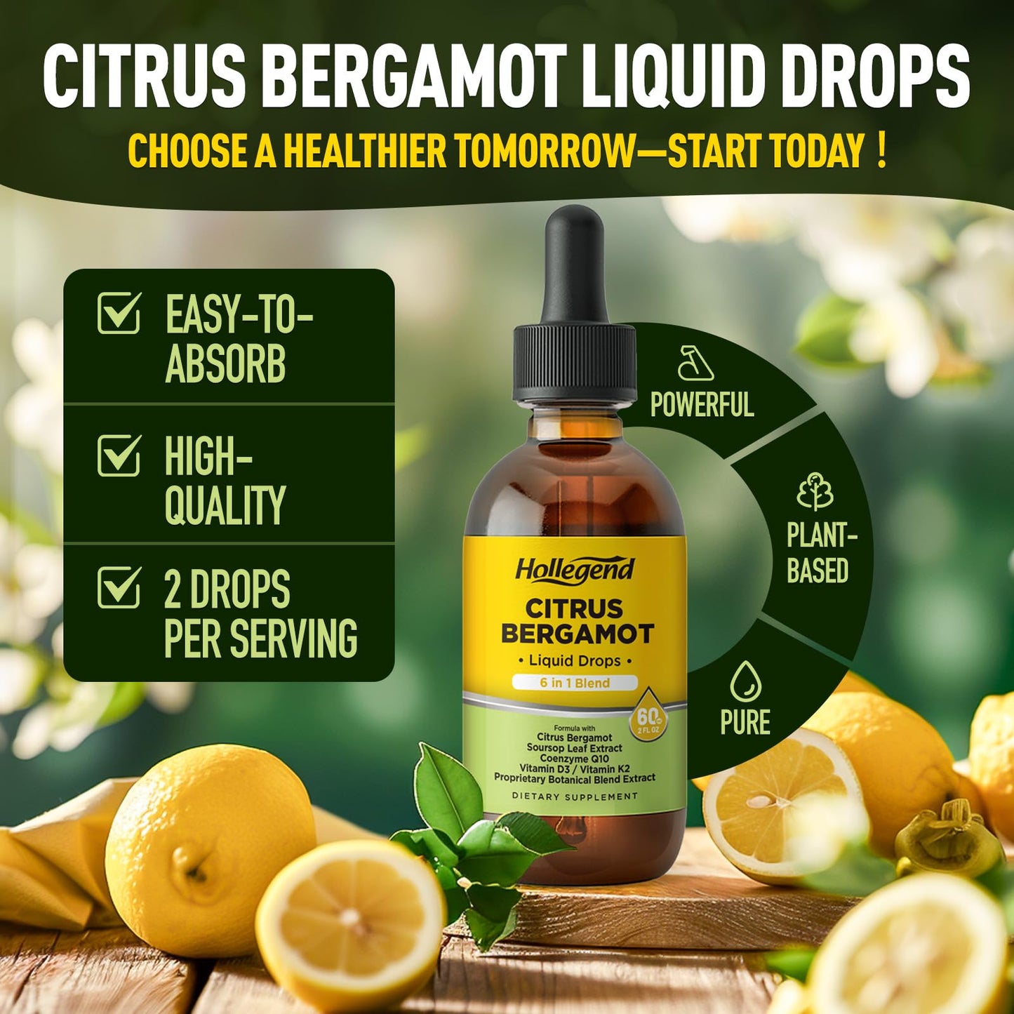 HOLLEGEND Citrus Bergamot Liquid Drops, Organic Citrus Bergamot 1000mg Supplement, Plus Soursop, CoQ10, Vitamin D3, K2, - Maple Wellness Supplements