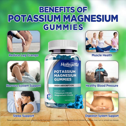 HOLLEGEND Potassium Magnesium Gummies, High Absorption Potassium Citrate 99mg Magnesium Citrate 180mg, Chewable Gummy Supplements for Leg Cramps & Muscle, 60 Count - Maple Wellness Supplements