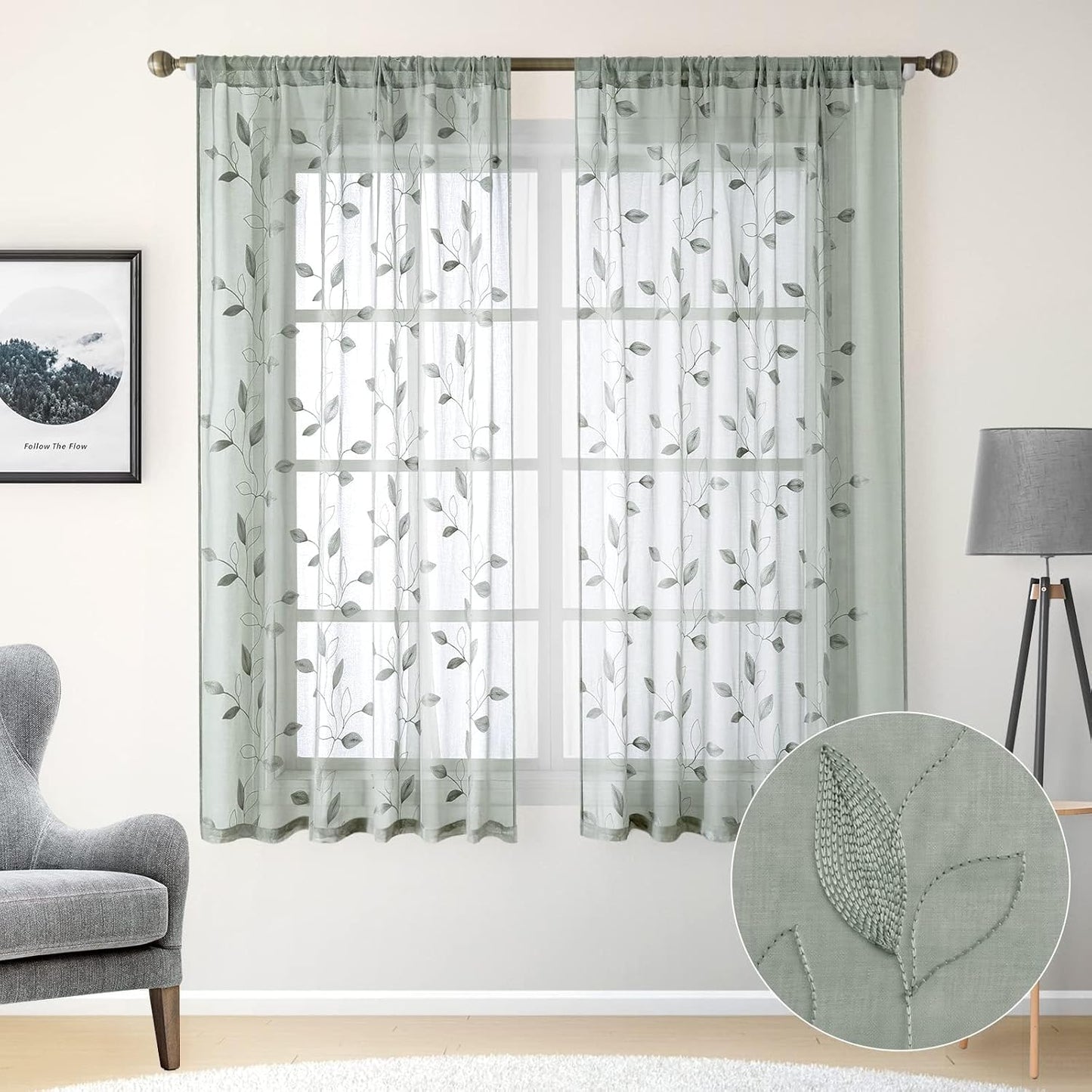 HOMEIDEAS Sage Green Sheer Curtains 52 X 63 Inches Length 2 Panels Embroidered Leaf Pattern Pocket Faux Linen Floral Semi Sheer Voile Window Curtains/Drapes for Bedroom Living Room - Maple Wellness Supplements