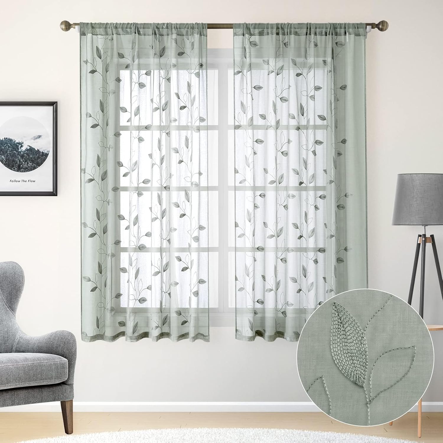 HOMEIDEAS Sage Green Sheer Curtains 52 X 63 Inches Length 2 Panels Embroidered Leaf Pattern Pocket Faux Linen Floral Semi Sheer Voile Window Curtains/Drapes for Bedroom Living Room - Maple Wellness Supplements