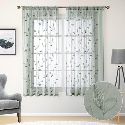 HOMEIDEAS Sage Green Sheer Curtains 52 X 63 Inches Length 2 Panels Embroidered Leaf Pattern Pocket Faux Linen Floral Semi Sheer Voile Window Curtains/Drapes for Bedroom Living Room - Maple Wellness Supplements
