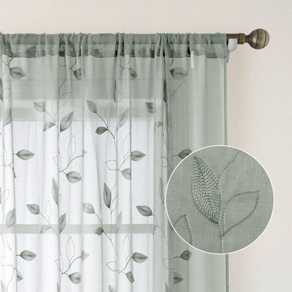 HOMEIDEAS Sage Green Sheer Curtains 52 X 63 Inches Length 2 Panels Embroidered Leaf Pattern Pocket Faux Linen Floral Semi Sheer Voile Window Curtains/Drapes for Bedroom Living Room - Maple Wellness Supplements