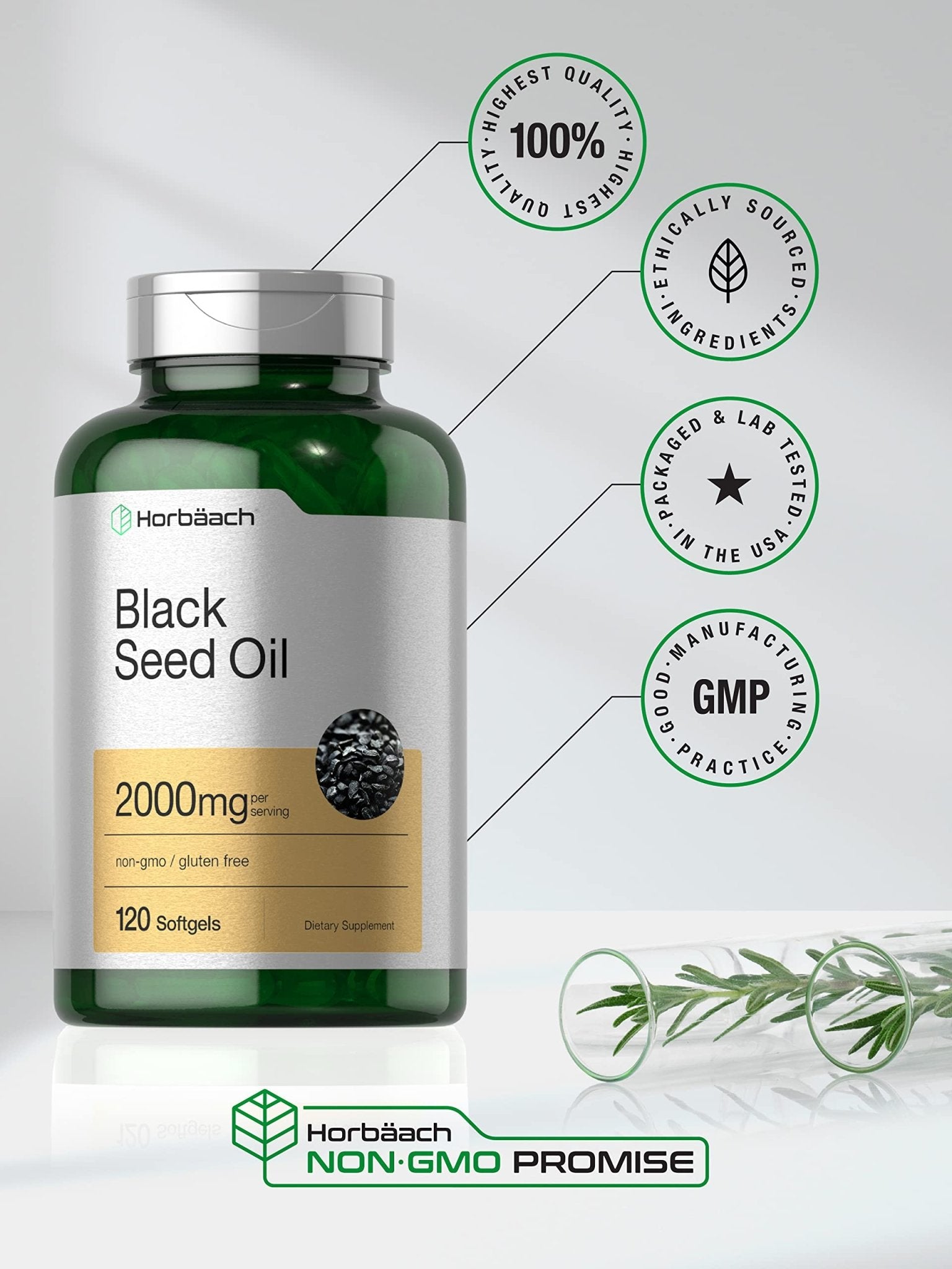 Horbaach Black Seed Oil Cold Pressed Softgel Capsules | 2000mg | 120 Count | Supplement with Omega 6 and 9 | Nigella Sativa - Maple Wellness Supplements