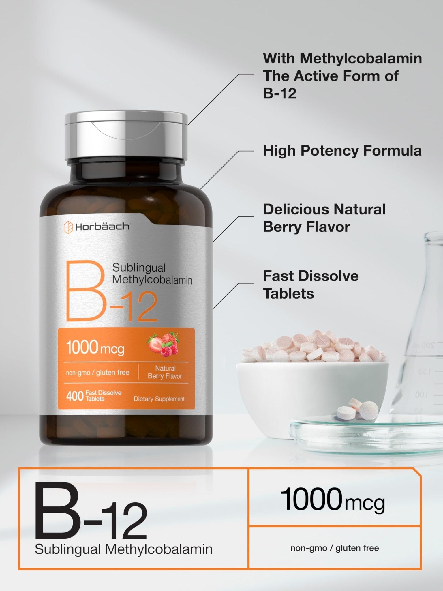 Horbaach Vitamin B12 1000 mcg Sublingual | 400 Fast Dissolve Tablets | Methylcobalamin Supplement for Women and Men - Maple Wellness Supplements