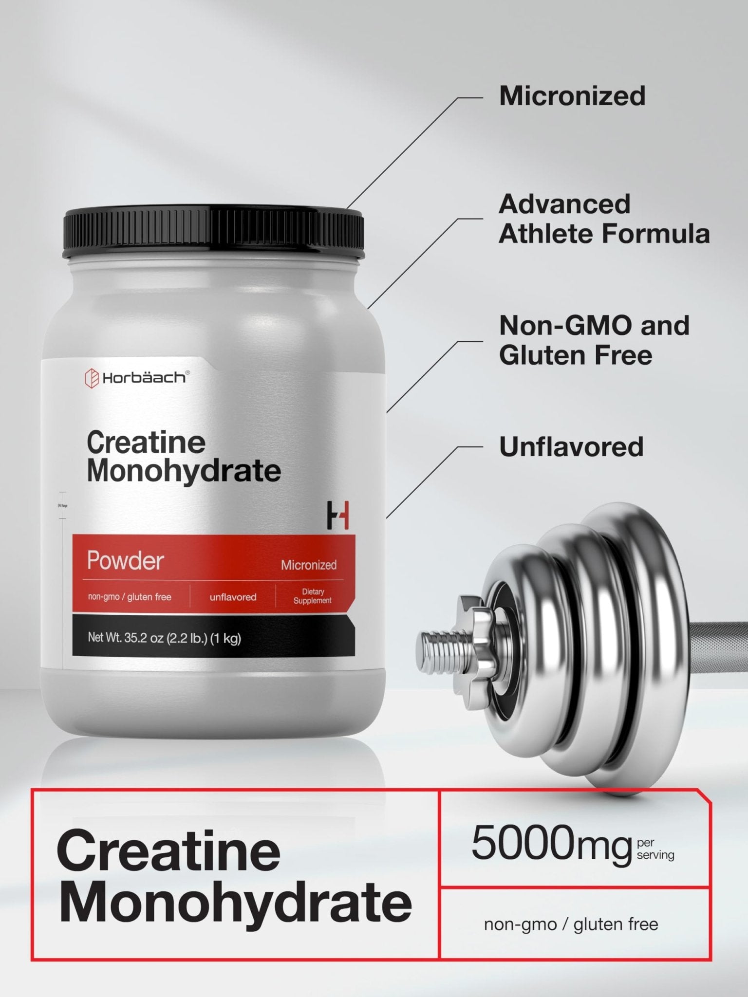 Horbäach Creatine Monohydrate Powder | 2.2lbs (35.2 oz) | Micronized and Unflavored | Vegetarian, Non-GMO, and Gluten Free Supplement - Maple Wellness Supplements