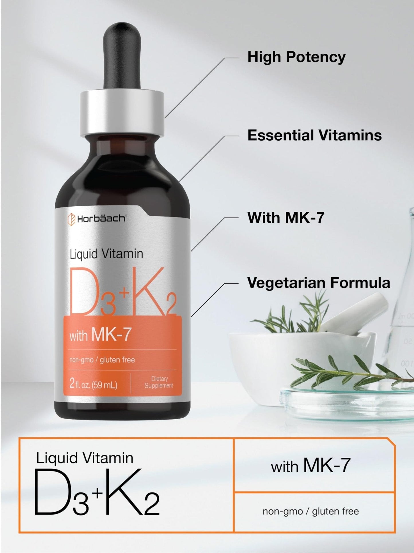 Horbäach Vitamin D3 + K2 Liquid Drops | with MK7 | 2 Fl Oz | Vegetarian | Non-GMO - Maple Wellness Supplements